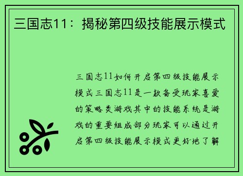 三国志11：揭秘第四级技能展示模式